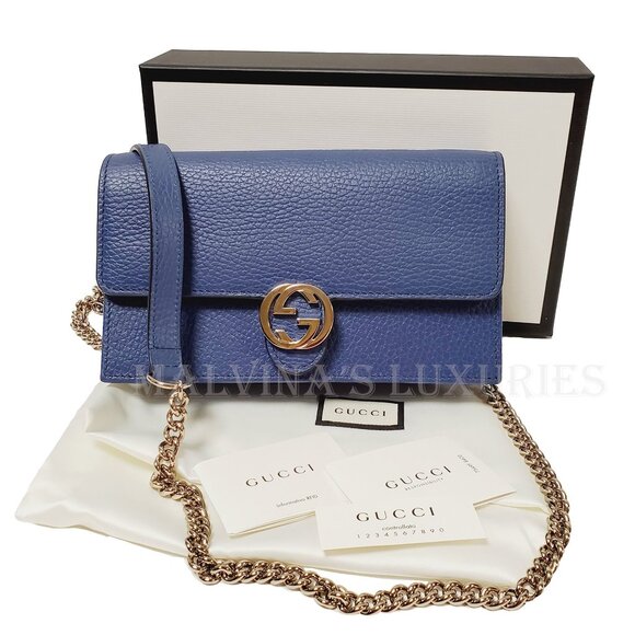 GUCCI BAG 510314 INTERLOCKING G CHAIN BLUE LEATHER CROSSBODY WALLET $1,550